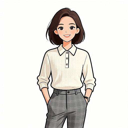 Digital illustration of a smiling Asian woman with shoulder-length black hair, wearing a white button-up shirt and gray plaid pants, hands in pockets, against