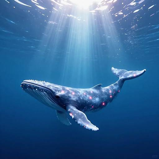 Photograph of a majestic blue whale swimming underwater, illuminated by sunlight beams, with bioluminescent spots glowing pink on its dark, textured body.