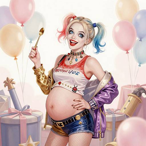 Digital art of a pregnant, smiling Harley Quinn holding a spoon, wearing a 