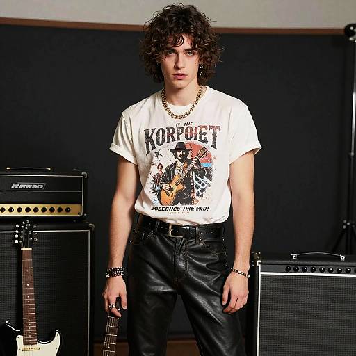 Photograph of a young man with curly black hair, wearing a white 