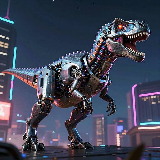 CGI image of a metallic, robotic T-Rex with glowing red eyes and sharp teeth, set against a neon-lit, futuristic cityscape at
