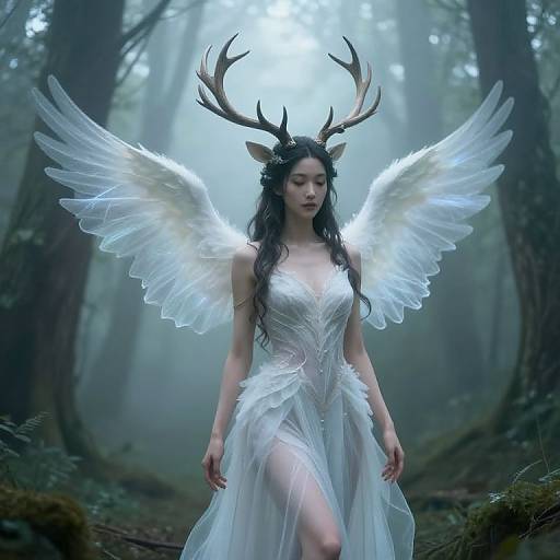 Photograph-like digital art of a fair-skinned, ethereal woman with deer antlers, white wings, and a flowing, feathered white dress