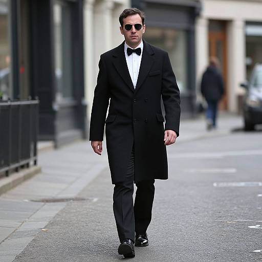 Photograph of a tall, white man in a black tuxedo, black bow tie, white shirt, black sunglasses, and black shoes walking down
