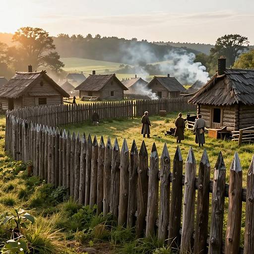Photograph of a sunlit rural village with wooden huts, picket fences, smoke rising, grassy field, people in period clothing, and