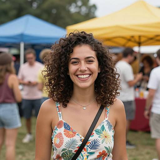 Photograph of smiling young woman with curly hair, wearing floral dress, standing at outdoor event with blue and yellow tents.