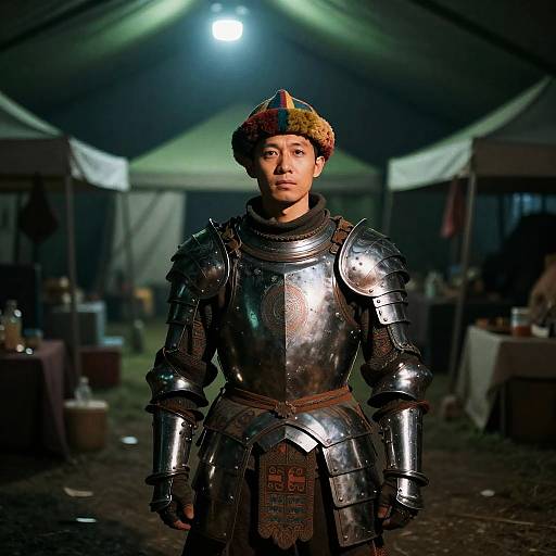 Ornate Armored Man in Dim Green Tent