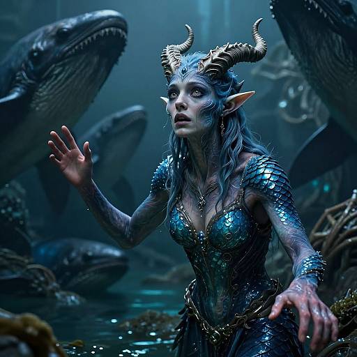 Digital CGI artwork of a blue-scaled, horned mermaid with long, wet hair, surrounded by large sharks in a dark, underwater cave.