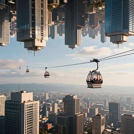 Photograph of a bustling cityscape with numerous tall skyscrapers, three suspended cable cars, and a clear blue sky with scattered clouds.