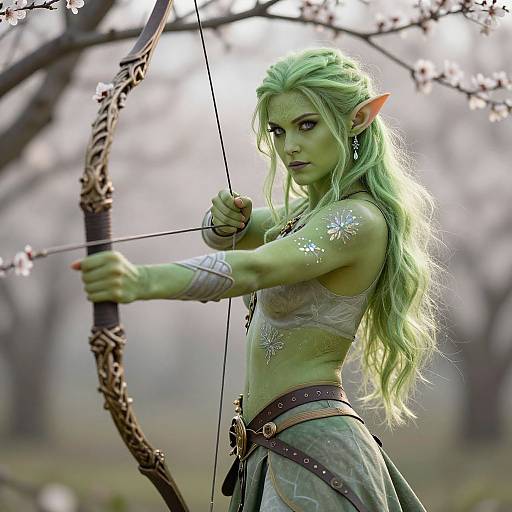 Digital art of a green-skinned elf woman with long, green hair, pointed ears, and glowing tattoos, drawing a bow in a misty forest