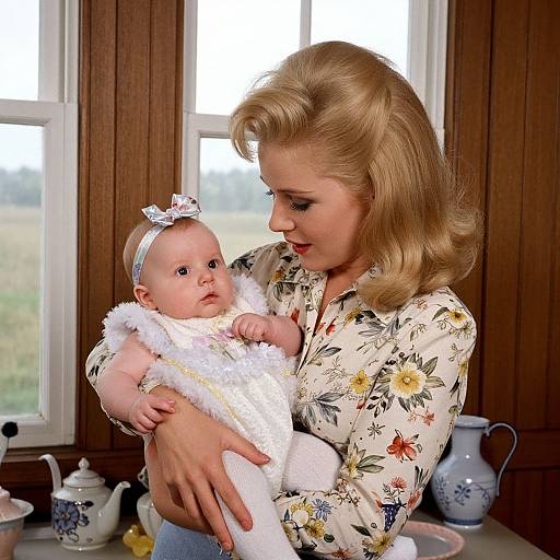 Photograph of a blonde woman with vintage-style hair, wearing a floral blouse, holding a baby in a white, fluffy outfit with a silver bow,
