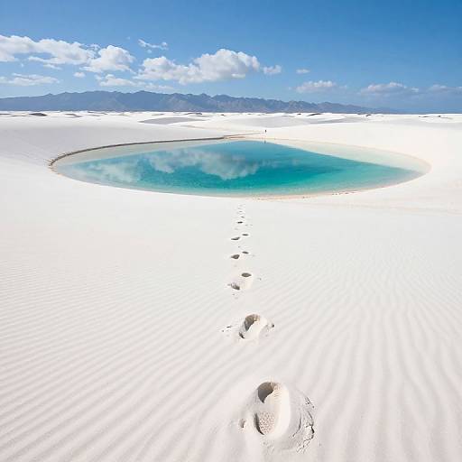 Photograph of a serene, isolated, circular turquoise hot spring surrounded by vast white sand, with footprints leading to it, under a bright blue sky