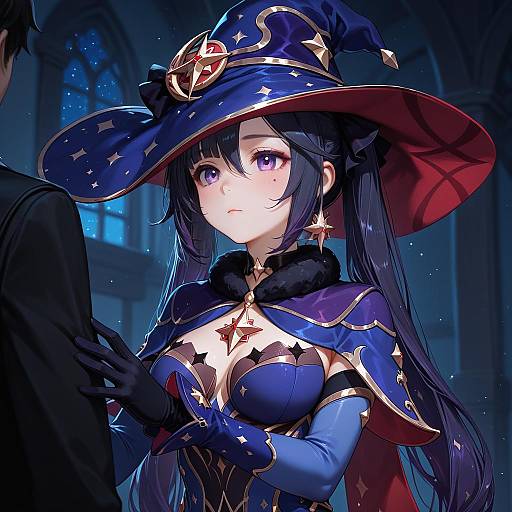 Illustration of Mona (pact of stars and moon) (genshin impact), genshin impact in the style of Megadeko