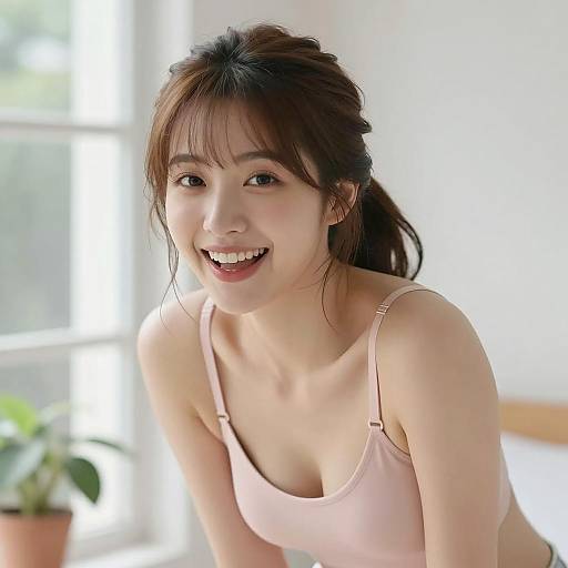 Smiling Asian Woman in Pink Bra