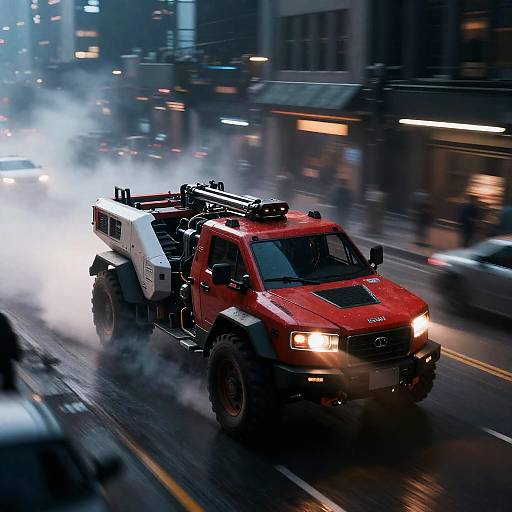 Futuristic Red and White Industrial Vehicle in City Street