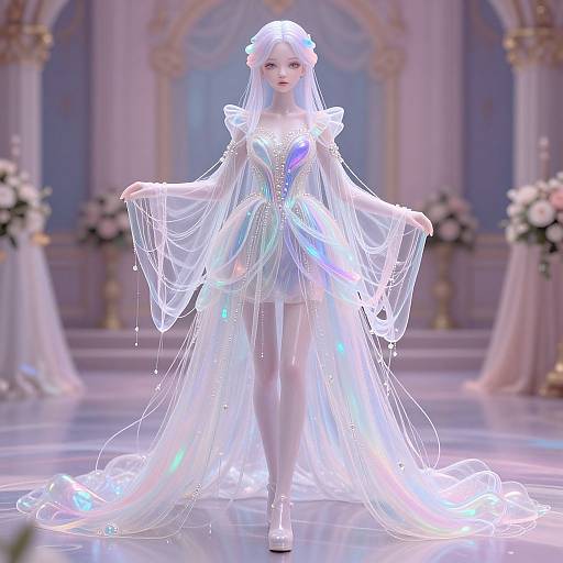 Digital artwork of a ethereal, white-haired fairy in a shimmering, iridescent gown with a long, flowing veil, standing in an orn