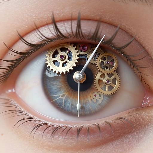 Close-up photograph of a blue-gray eye with intricate golden gears and clock hands inside the pupil, surrounded by long black eyelashes.