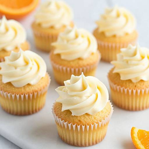 Photograph of six cupcakes with creamy white swirls of frosting, in white paper liners, on a white surface, with an orange peel in the background