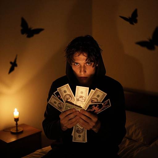 Photograph of a shadowy, disheveled person in a black hoodie holding multiple dollar bills, illuminated by a dim lamp, with butterfly wall decals