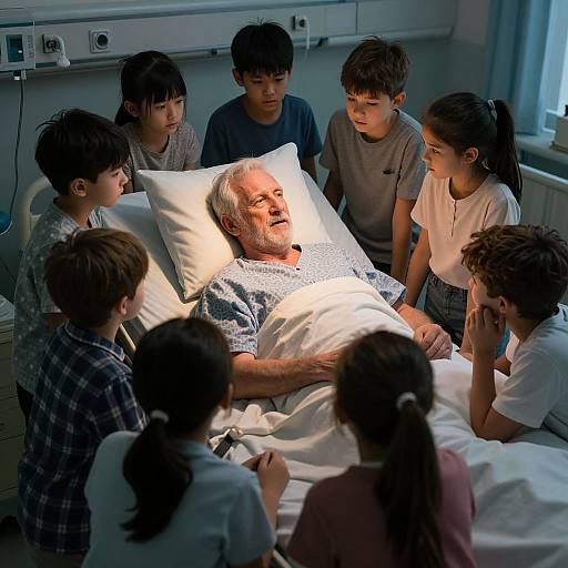 Photograph of elderly man with white hair in hospital bed, surrounded by seven children, lit by soft blue and white light.