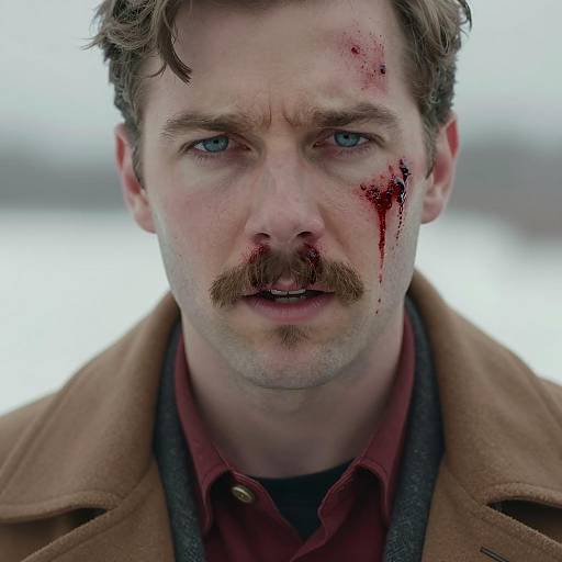 Injured Man with Bloodied Face and Mustache