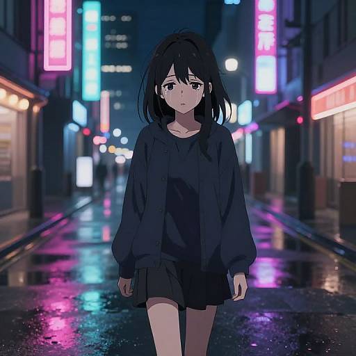 Sad Anime Girl on Neon Street