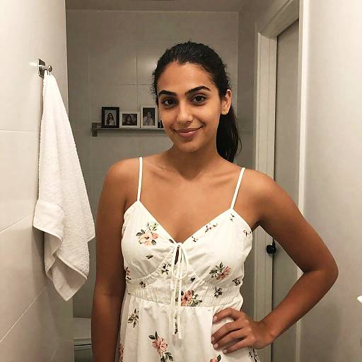 Casual Woman in Floral Dress in Hallway