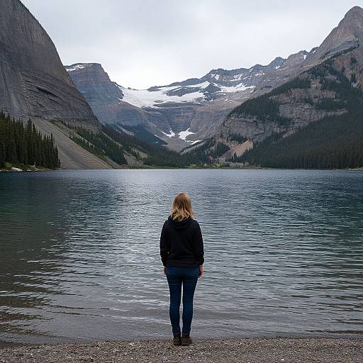 Photograph of a blonde woman in a black jacket and blue jeans standing alone on a pebbled shore, facing a serene mountain lake with snow-c