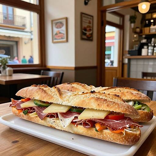 Photograph of a vibrant sandwich on a white plate, filled with ham, cheese, cucumber, tomato, and lettuce, in a cozy, sunlit