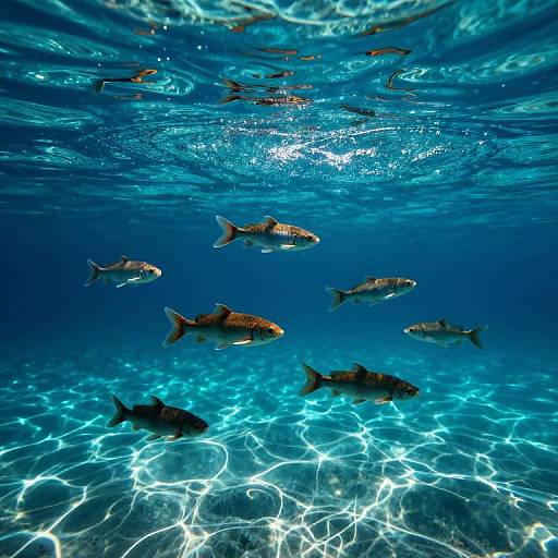 Photograph of several brown-striped fish swimming in clear, blue ocean water with sunlight reflecting off the sandy seabed below.