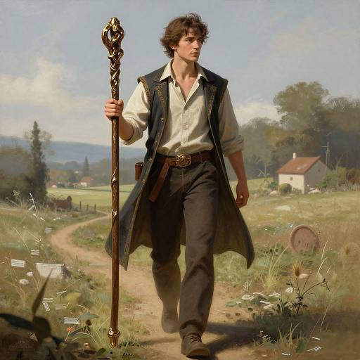 Photorealistic painting of a curly-haired man in a white shirt and black vest, walking on a dirt path with a ornate staff, rural countryside