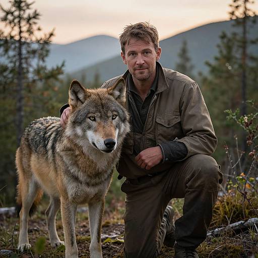 Photograph of a rugged, bearded man in brown outdoor gear kneeling beside a large, grey and brown wolf in a forest at sunset. Mountains and