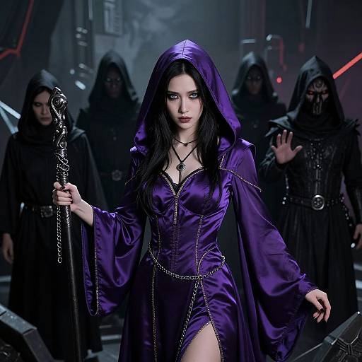 Digital fantasy artwork: Dark-haired woman in purple hooded dress with chains, holding staff, surrounded by shadowy robed figures in dark, misty