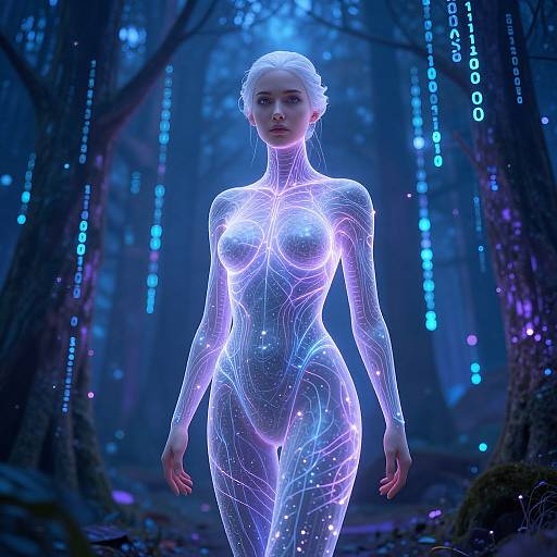 Digital CGI of a glowing, ethereal woman with white hair in a neon-lit forest, her body illuminated with intricate blue and purple patterns.