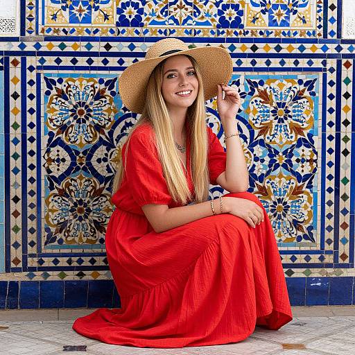 Blonde Woman in Red Dress Moroccan Mosaic