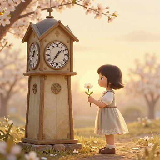 Photograph of a young Asian girl with black hair in a white dress holding a flower, standing beside a rustic wooden clock in a sunlit cherry blossom