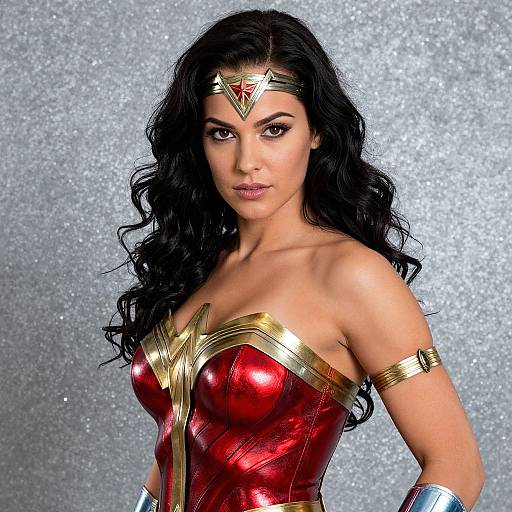 Photorealistic CGI of Wonder Woman with long black hair, red and gold bustier, tiara, arm band, and silver bracelets, against a