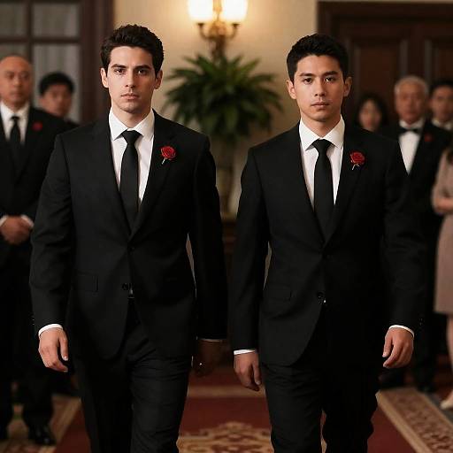 Men in Suits with Red Rose Pins