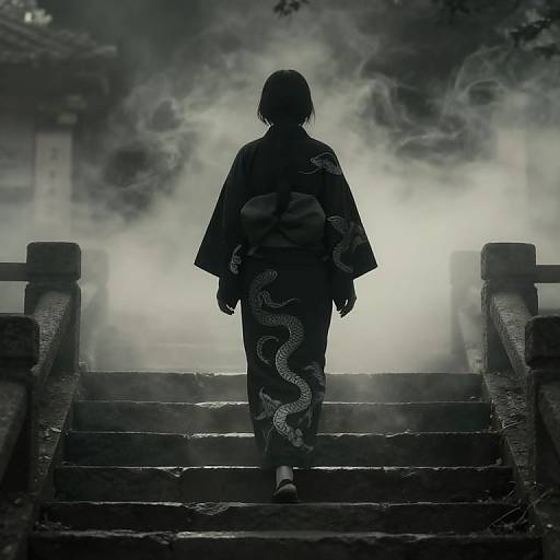 Silhouette of a person in a snake-patterned kimono, standing at the top of misty stone stairs, backlit by a glowing light.