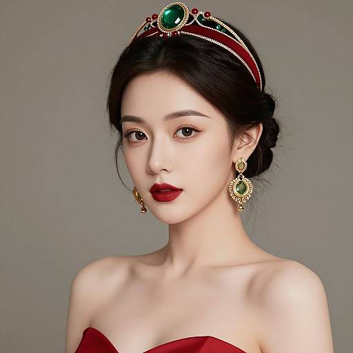 Digital portrait of an Asian woman with fair skin, red lips, black hair in an updo, wearing a red strapless dress, gold earrings,