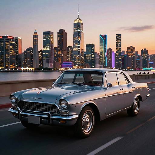 Photograph of a silver 1960s vintage car speeding on a highway at dusk, with a brightly lit, modern city skyline in the background.