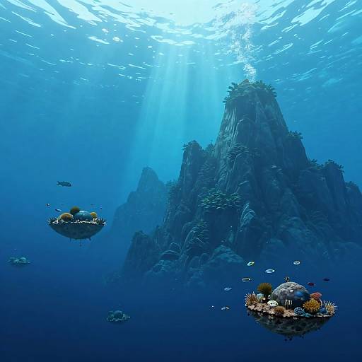 Underwater photograph of a sunlit, blue ocean with submerged rocky structures, surrounded by small fish, coral reefs, and sunlight rays.