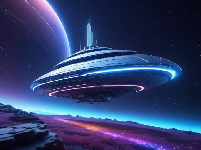 Futuristic UFO Spaceship Over Alien Landscape
