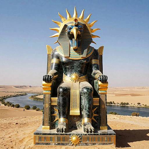 Photograph of a large, black statue of an ancient Egyptian deity with a sun crown, golden accents, and intricate hieroglyphs, seated on