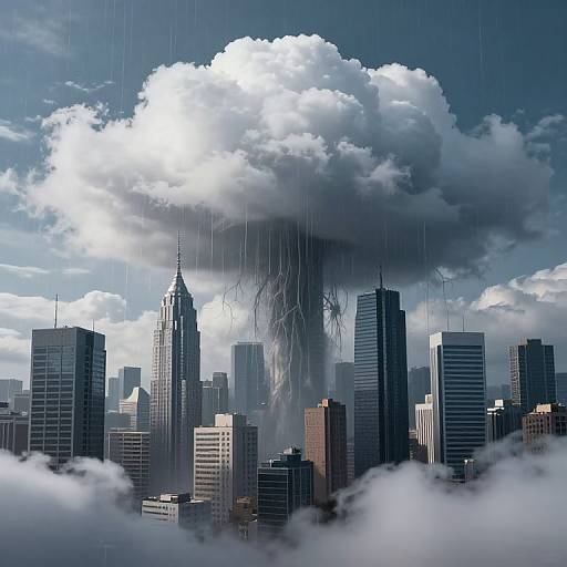 Photorealistic digital artwork of a city skyline with towering, dark storm cloud raining over skyscrapers, creating a dramatic, ominous atmosphere.