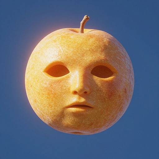 Photograph of a carved apple with a human face, featuring hollow eyes and mouth, against a clear blue sky.
