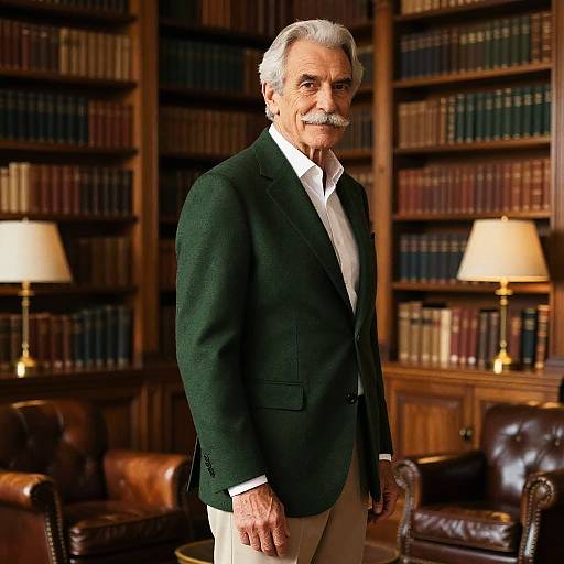 Photograph of an elderly man with white hair and mustache, wearing a dark green blazer, white shirt, and beige pants, standing in a