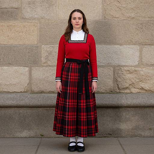 Photograph of a Caucasian woman with brown hair, wearing a red long-sleeve blouse, black and red plaid skirt, white collar, black