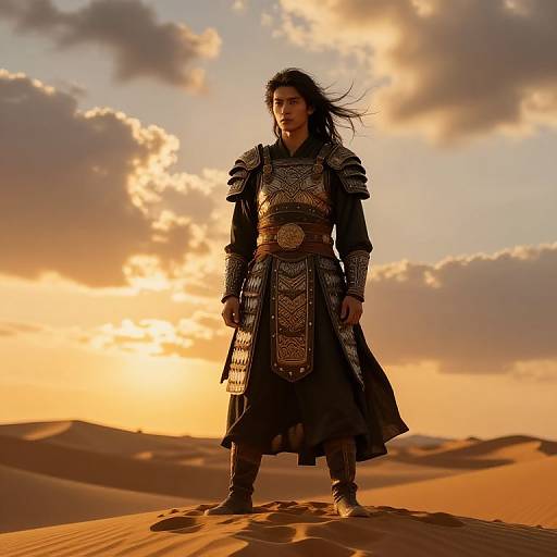 Photorealistic digital art: Warrior with long black hair, ornate armor, and sword stands on desert dune at sunset, golden clouds backdrop.