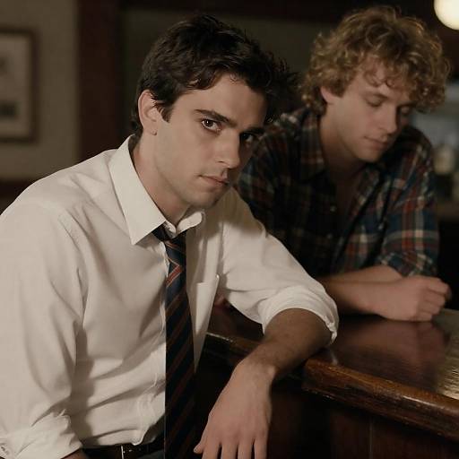 Two Men at Wooden Bar in Dim Light
