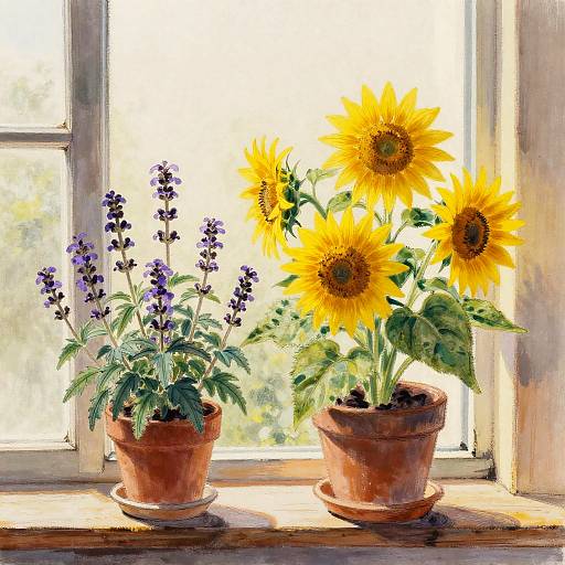 Sunflowers and Purple Salvia on Windowsill